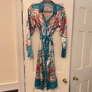 Vibrant Teal and Multicolor Button-Up Dress